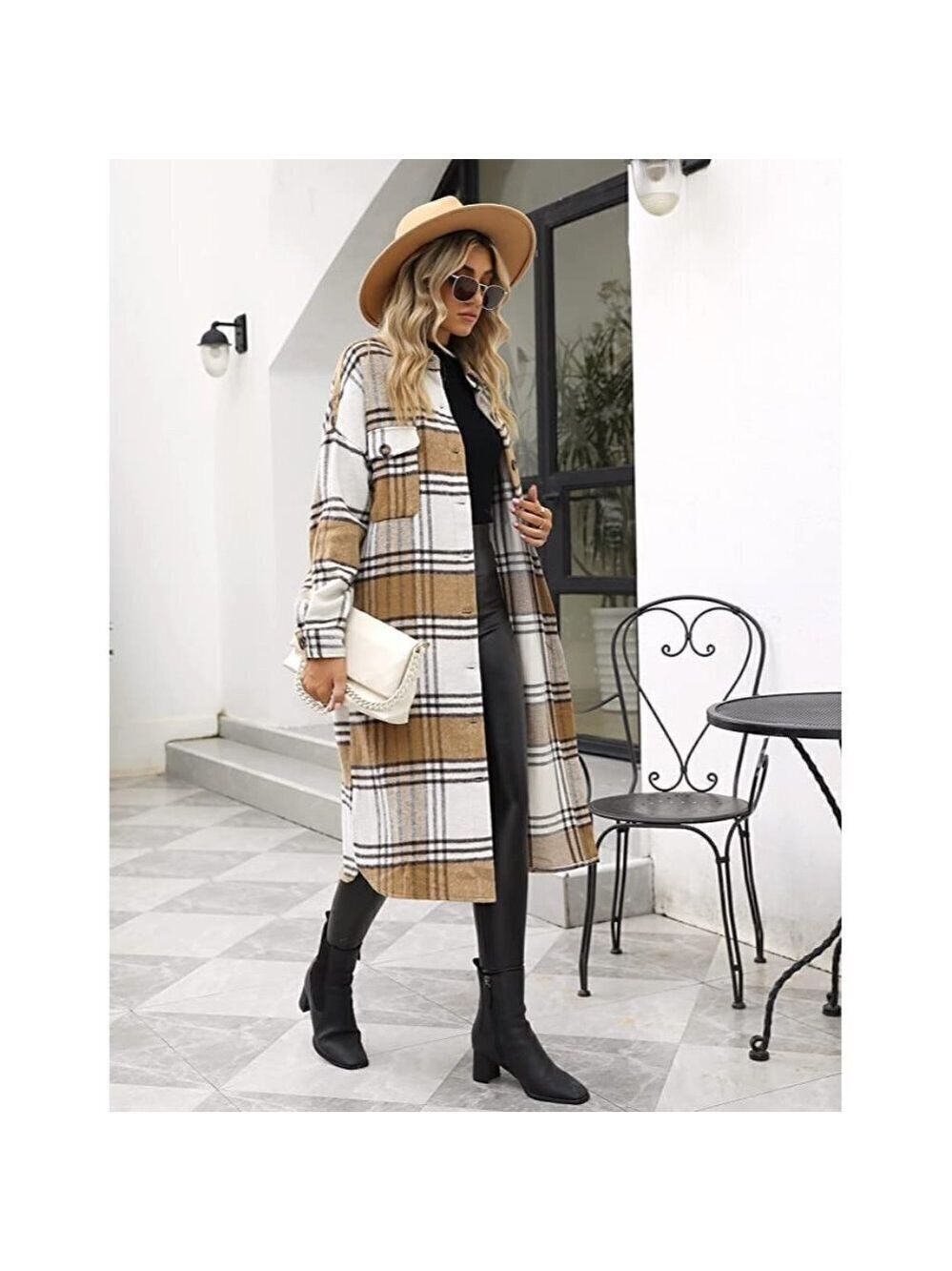 𝅺CASUAL Tan Plaid Button Down Long Puff Sleeve Trench Coat Jacket Shacket Wool